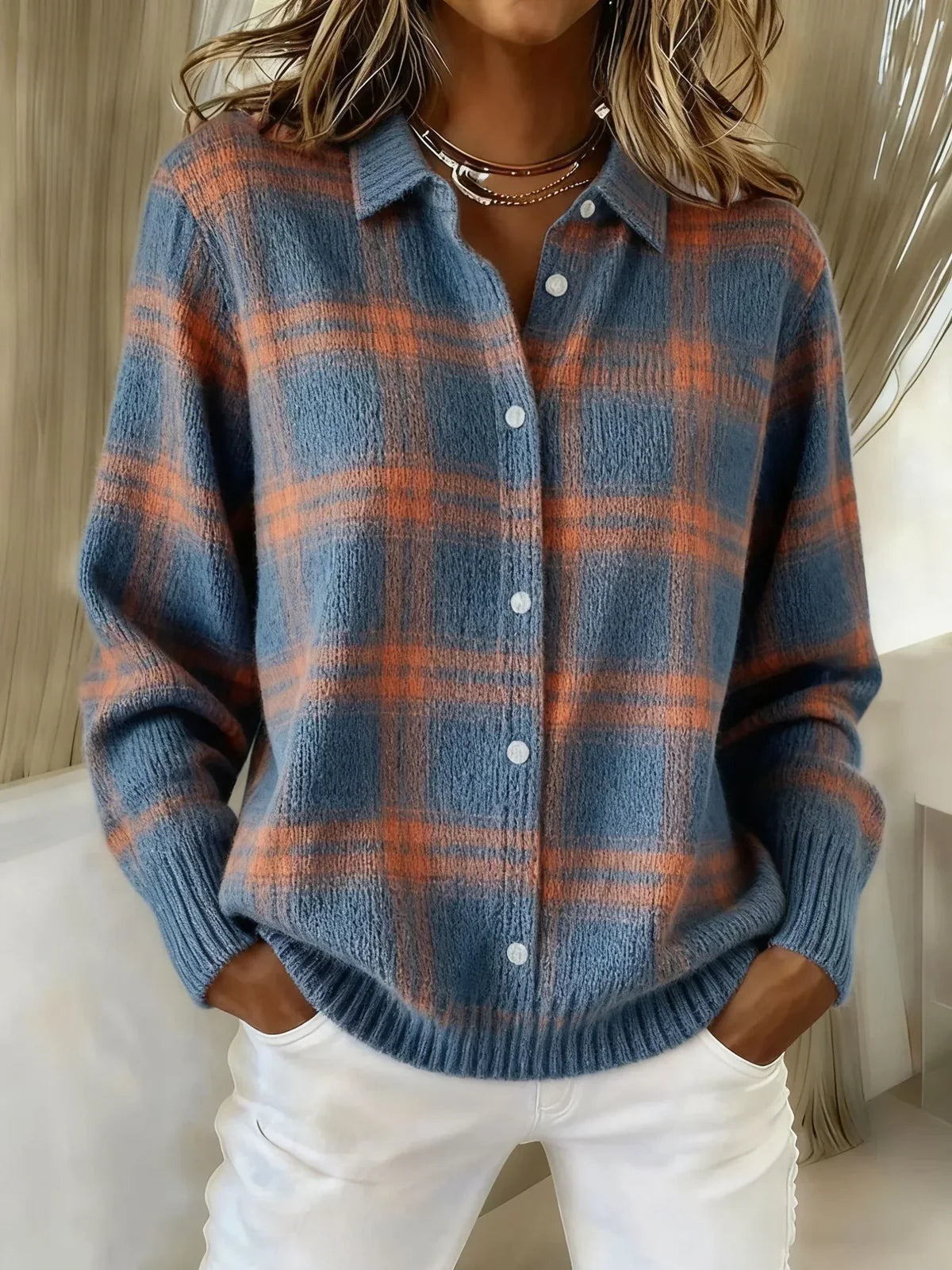Jacqueline women's checked shirt-collar cardigan