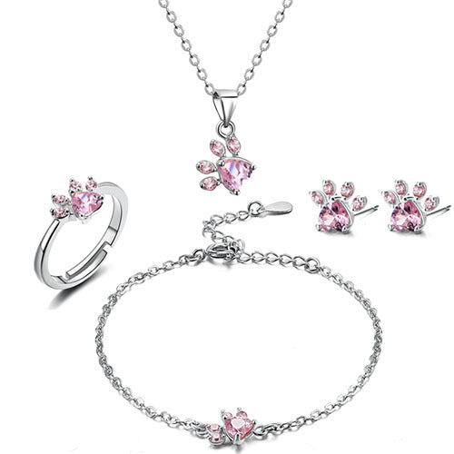 Rose Gold Paw Jewelry Set — 4-Piece Zirconia Heart Set