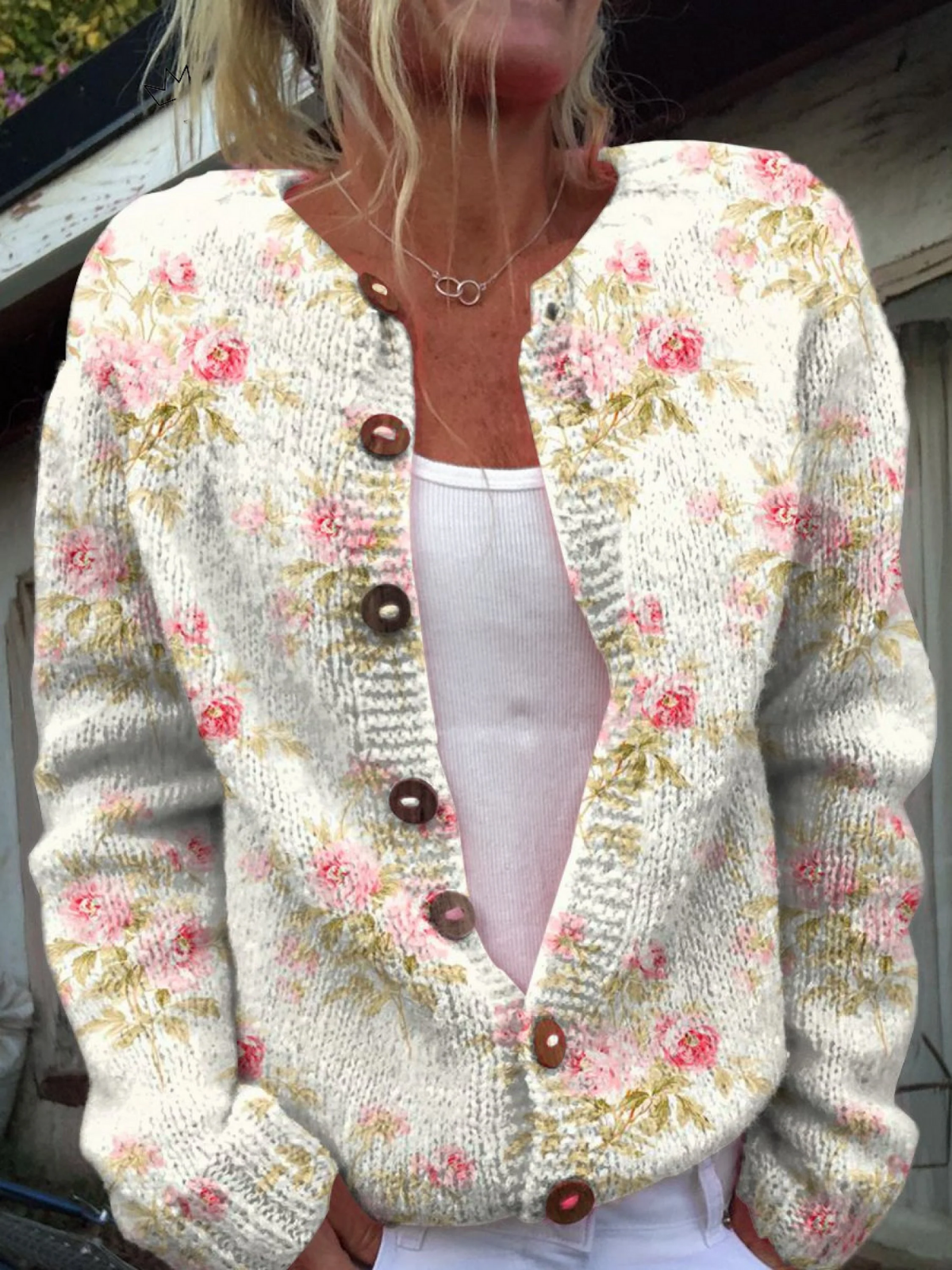 Miranda pink floral chunky knit cardigan