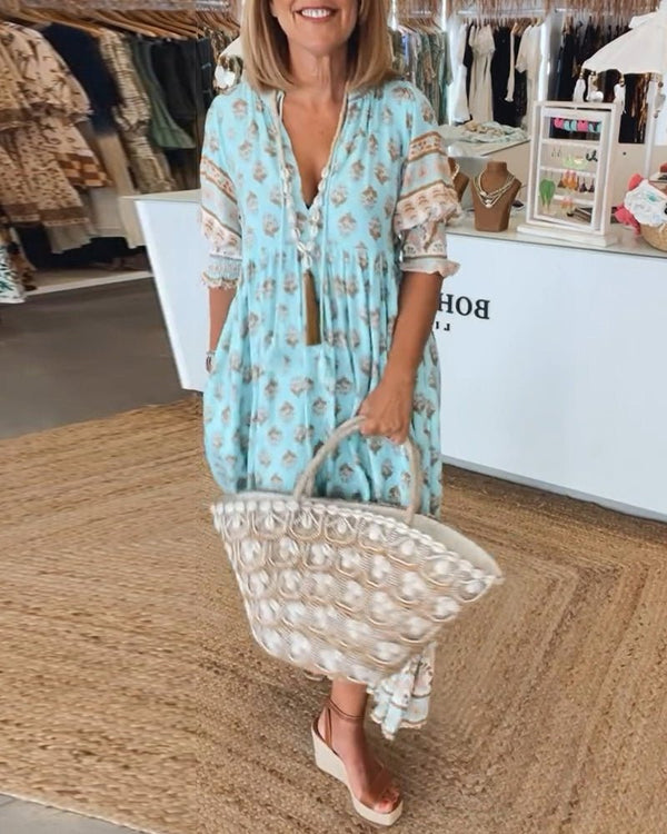 MANA | CHIC FLORAL MIDI DRESS WITH V-NECK