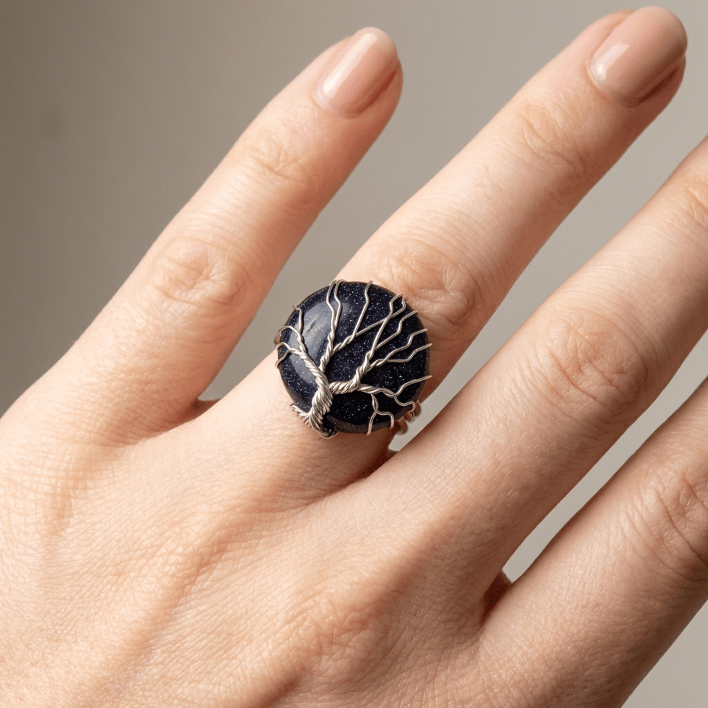 Tree Of Life Blue Sandstone Silver Ring — (Adjustable)