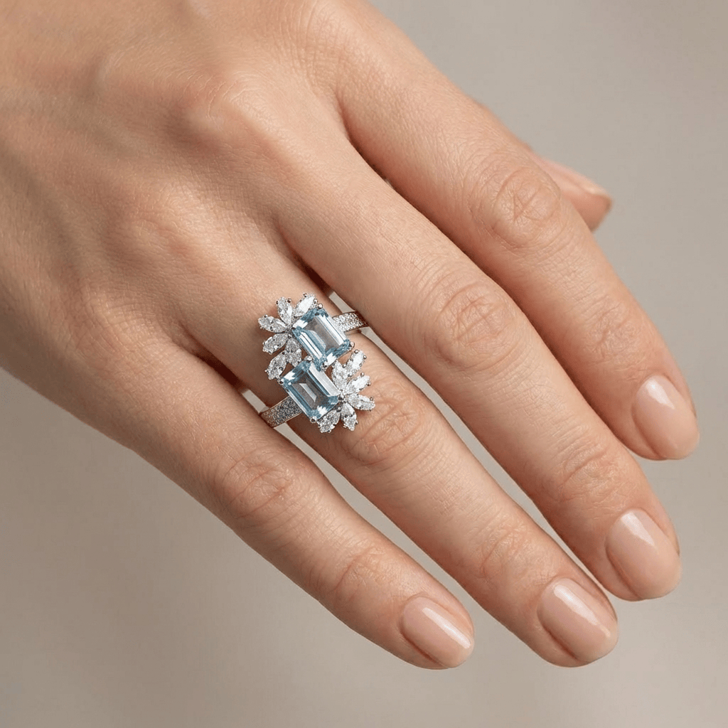 Aquamarine Crystal Silver Ring — (Adjustable)