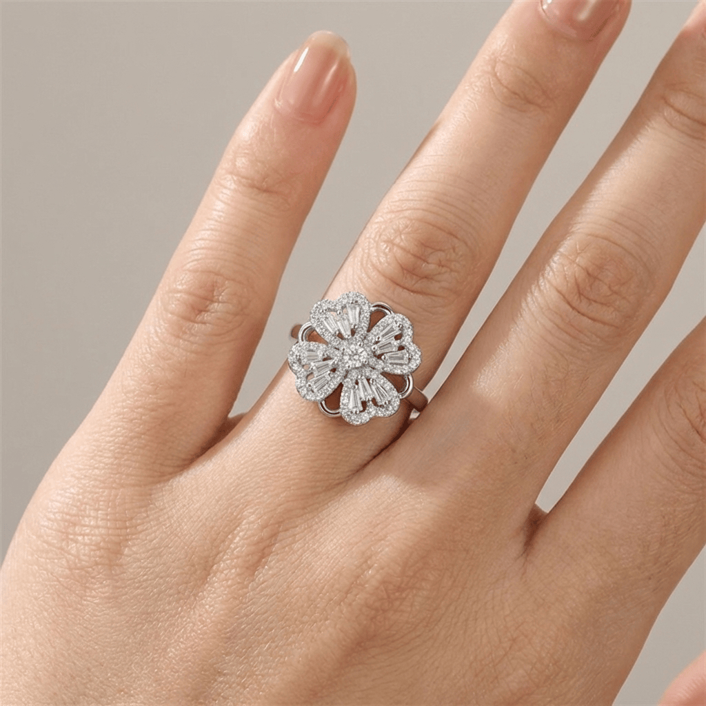 Baguette Zirconia Rotating Flower Ring — (Adjustable)