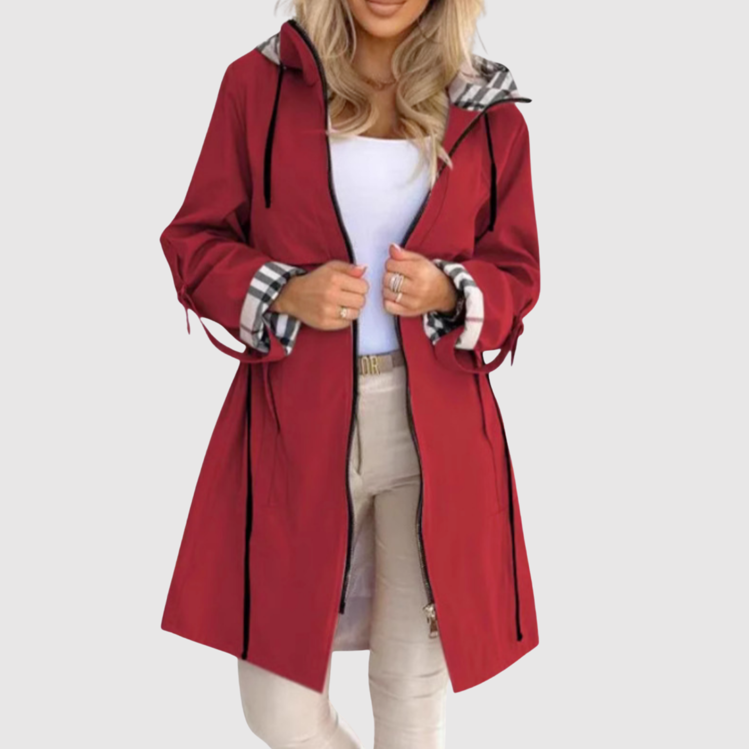 Amy women's long lightweight belted hooded coat