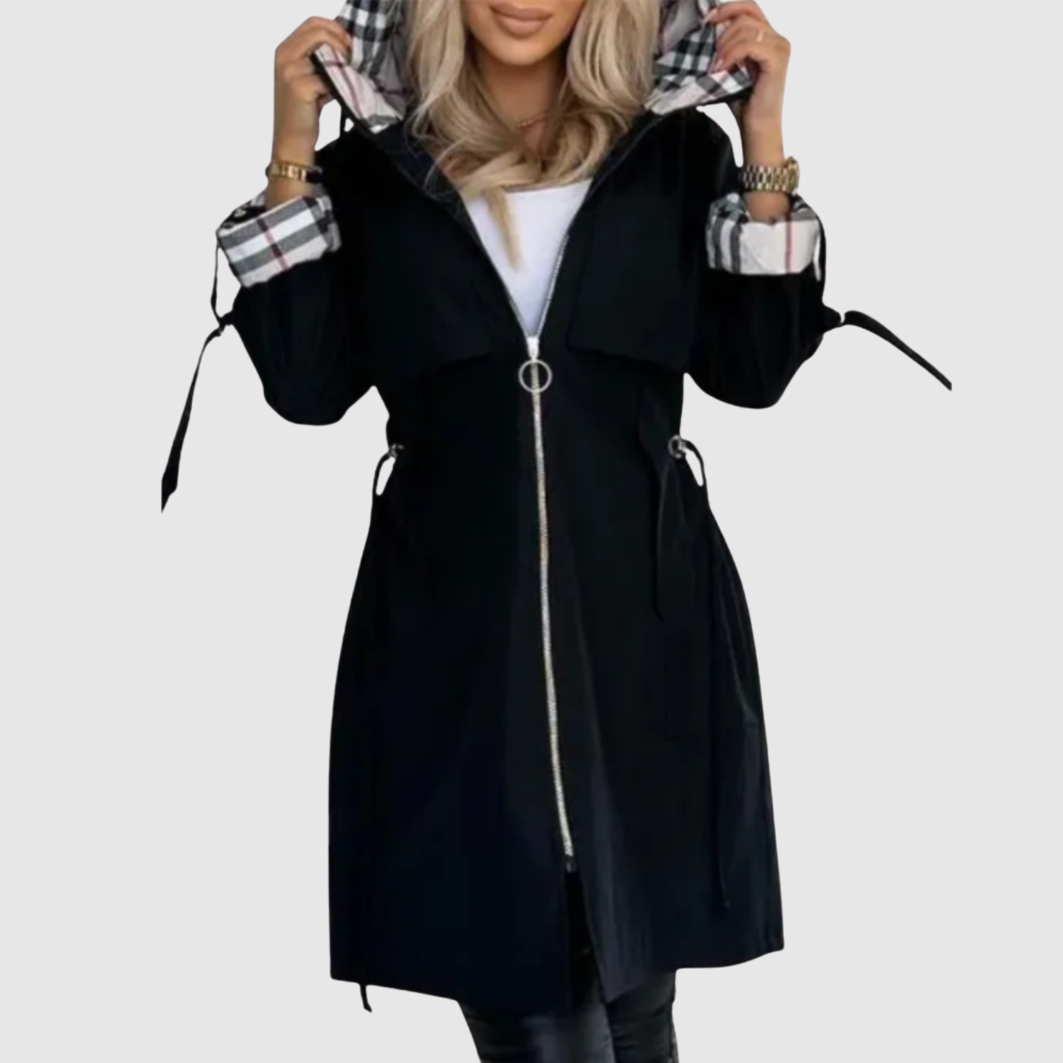 Amy women's long lightweight belted hooded coat