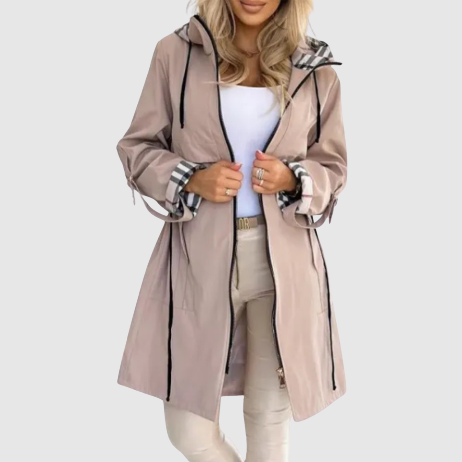 Amy women's long lightweight belted hooded coat