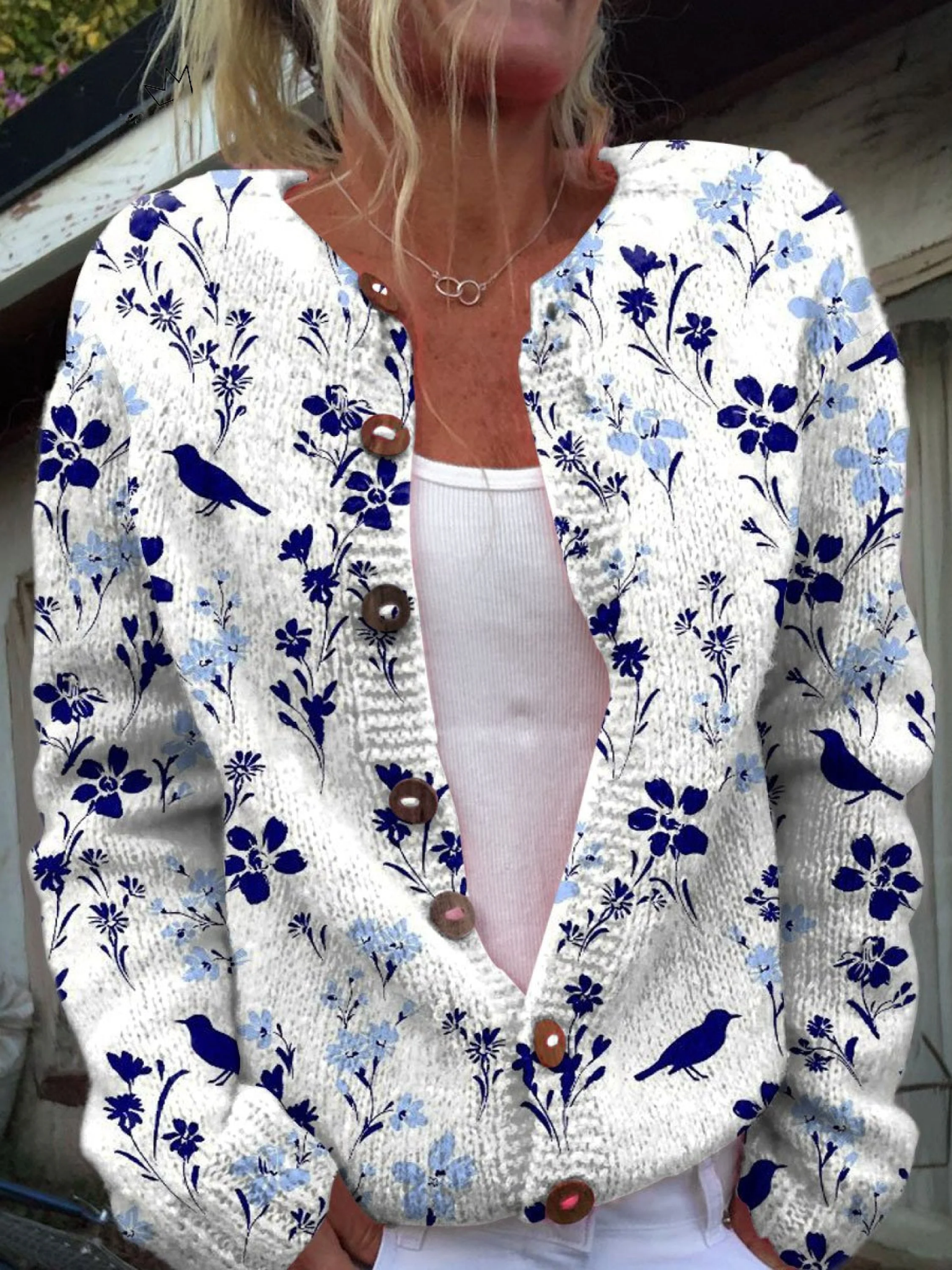 Josephine bird and floral knitted cardigan