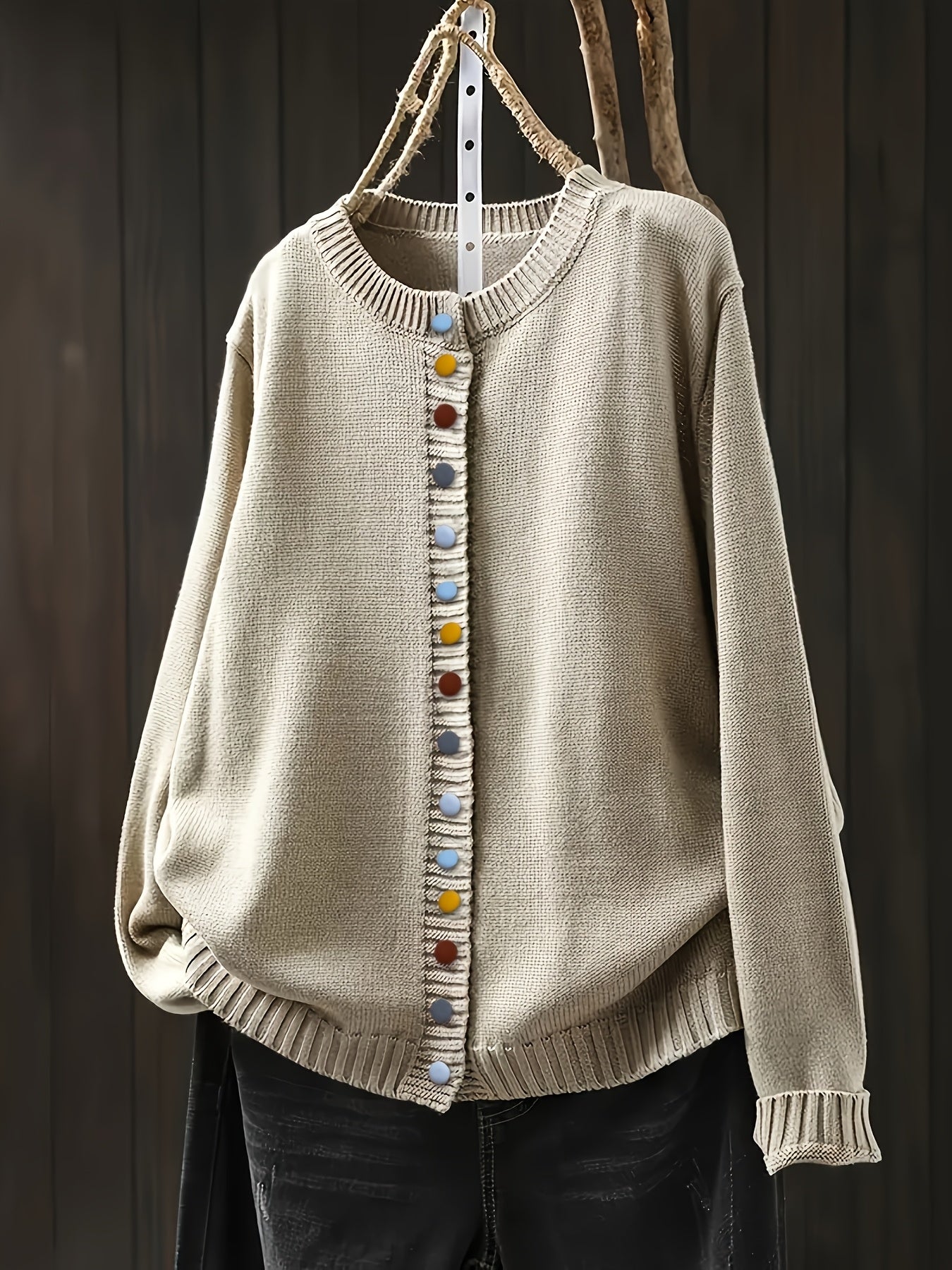 Contrast Button Crew Neck Knit Cardigan for women, view 6