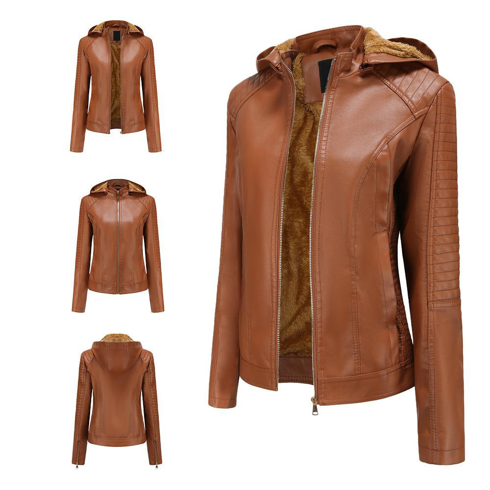 Faux Leather Jacket, Removable Hood for women, view 6