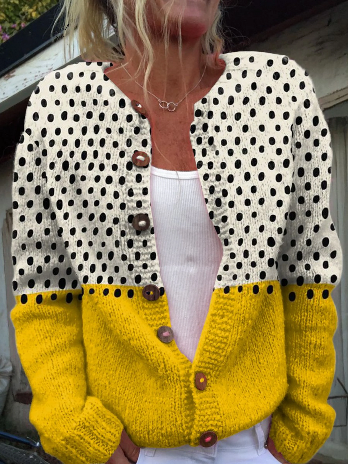 Agatha mustard polka dot knitted cardigan