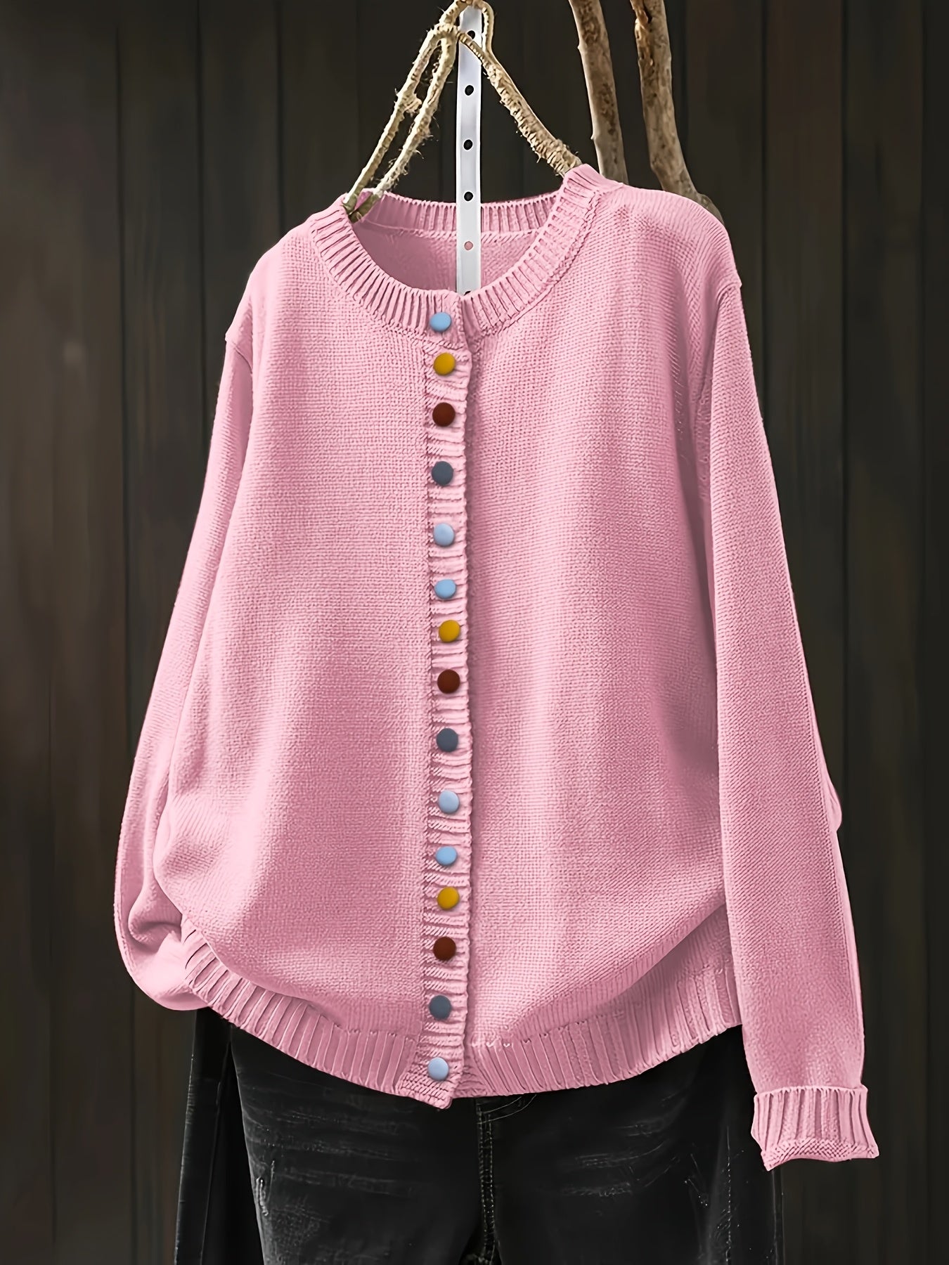 Contrast Button Crew Neck Knit Cardigan for women, view 4