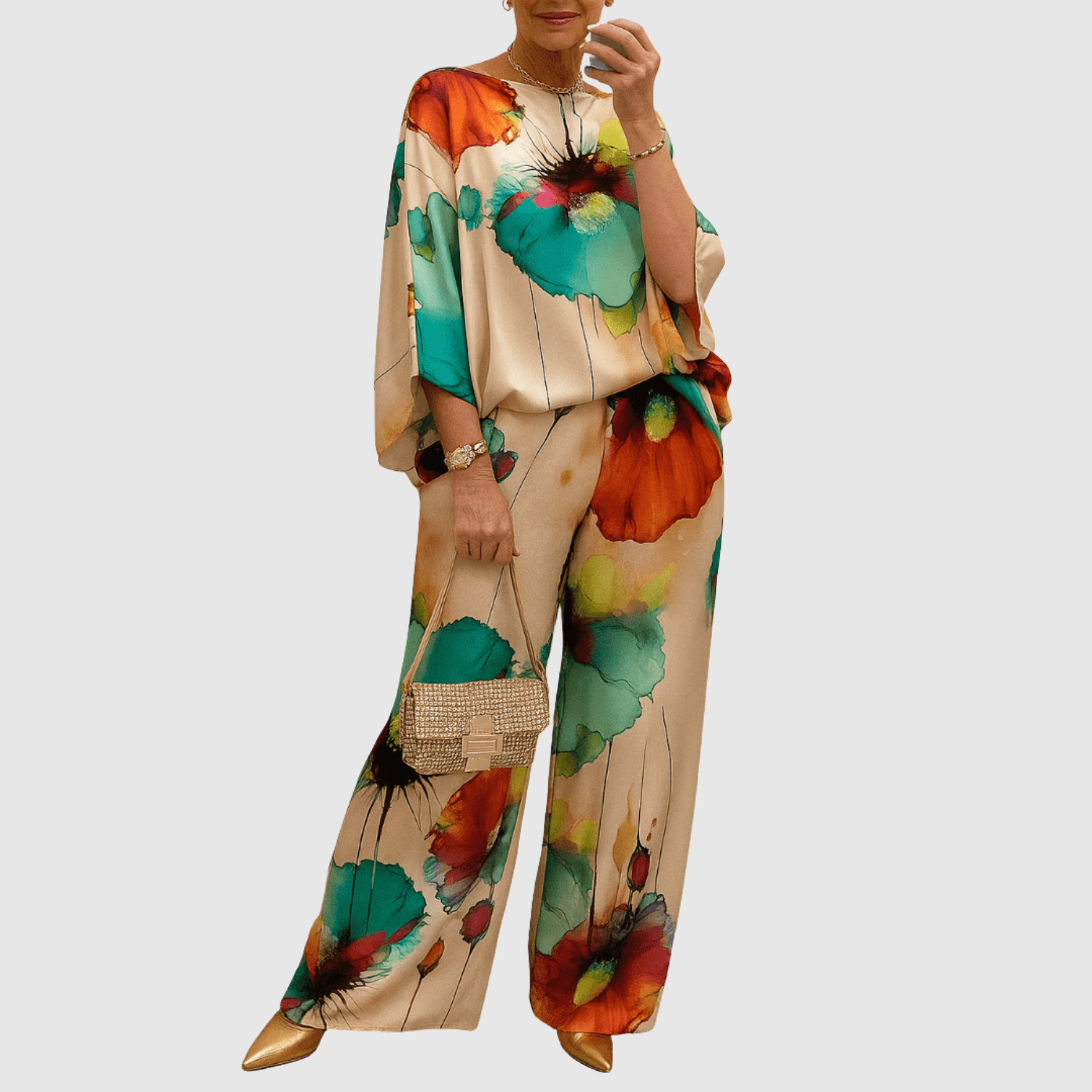 Sonia women's watercolour-print satin two-piece set