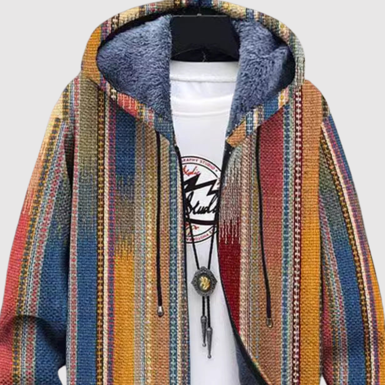 Women's warm folk print hoodie, view 3