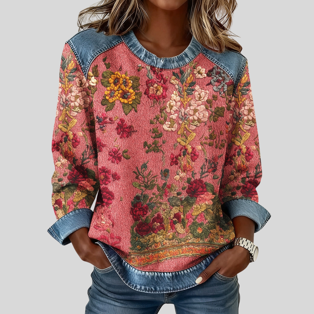 Irene floral print sweatshirt with denim trim