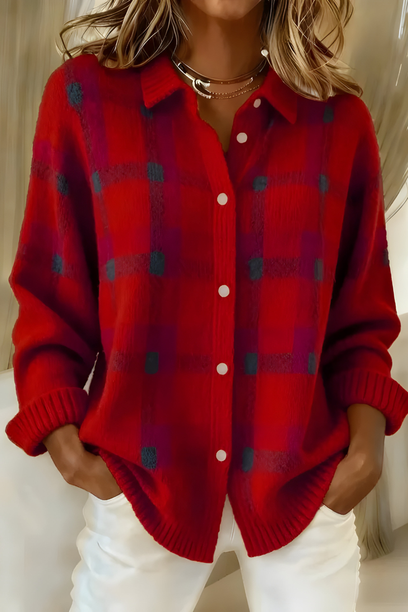 Jacqueline women's checked shirt-collar cardigan