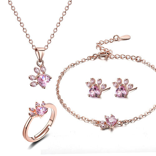 Rose Gold Paw Jewelry Set — 4-Piece Zirconia Heart Set