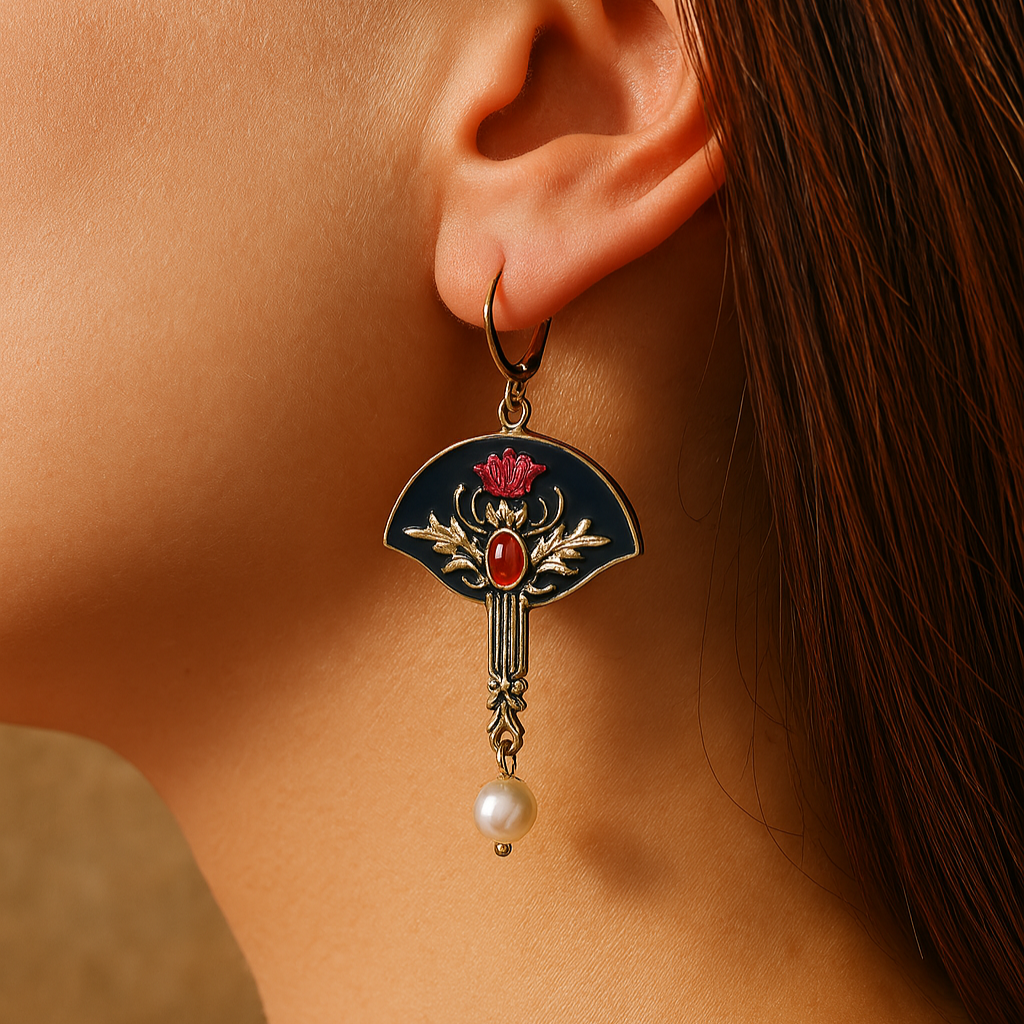 Boho Earrings with Pearl & Red Crystal
