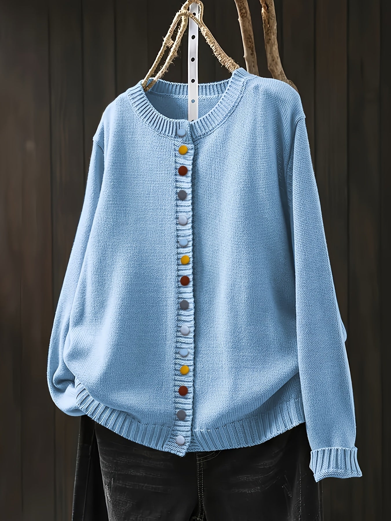 Contrast Button Crew Neck Knit Cardigan for women, view 16