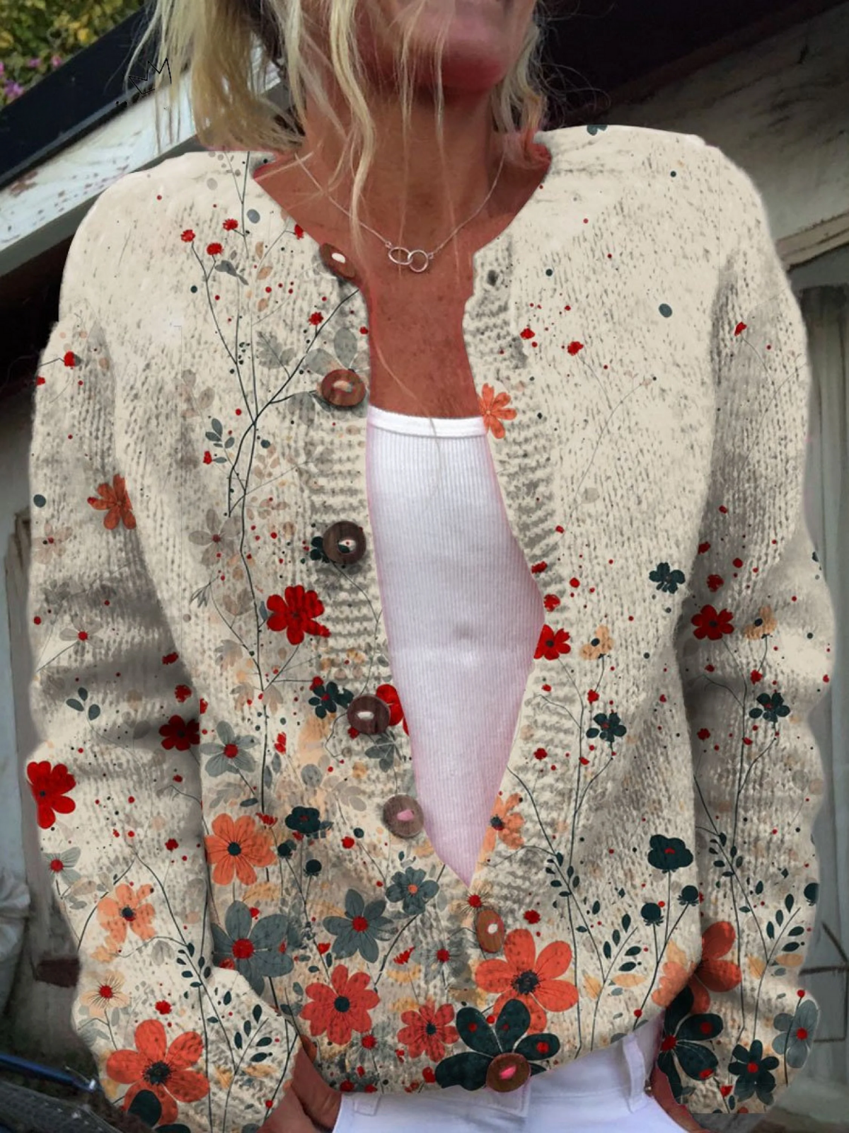 Celia red floral knitted cardigan