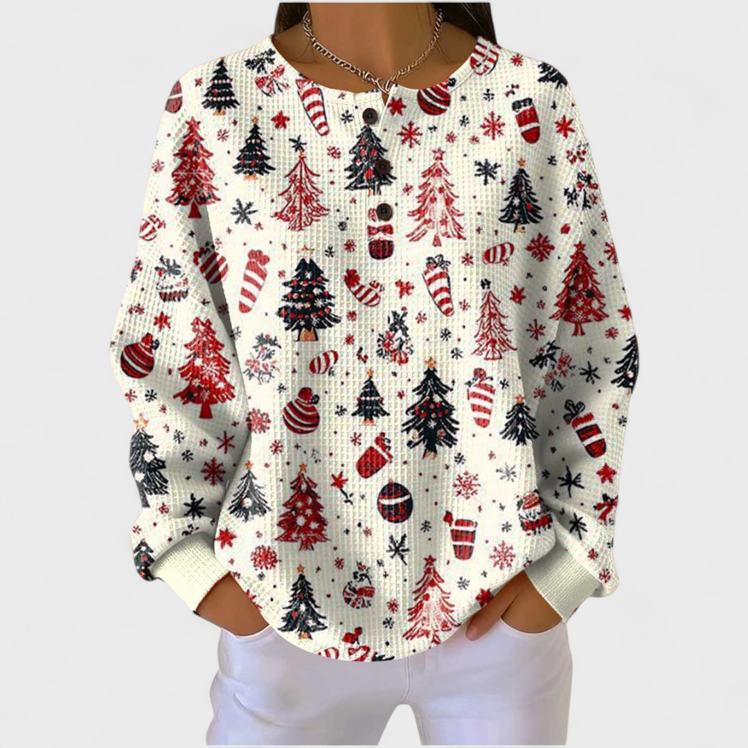 Women's ivory Christmas print waffle jumper with red black trees ornaments and snowflakes