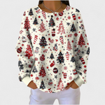Women's ivory Christmas print waffle jumper with red black trees ornaments and snowflakes