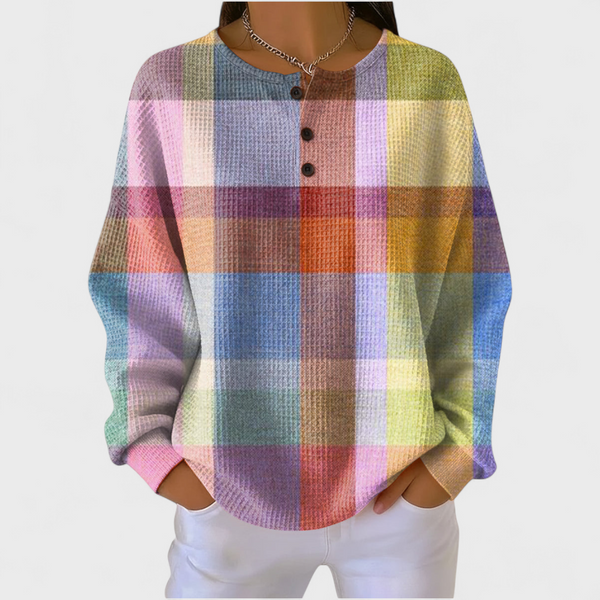 Women's pastel multicolour check waffle jumper with button neckline