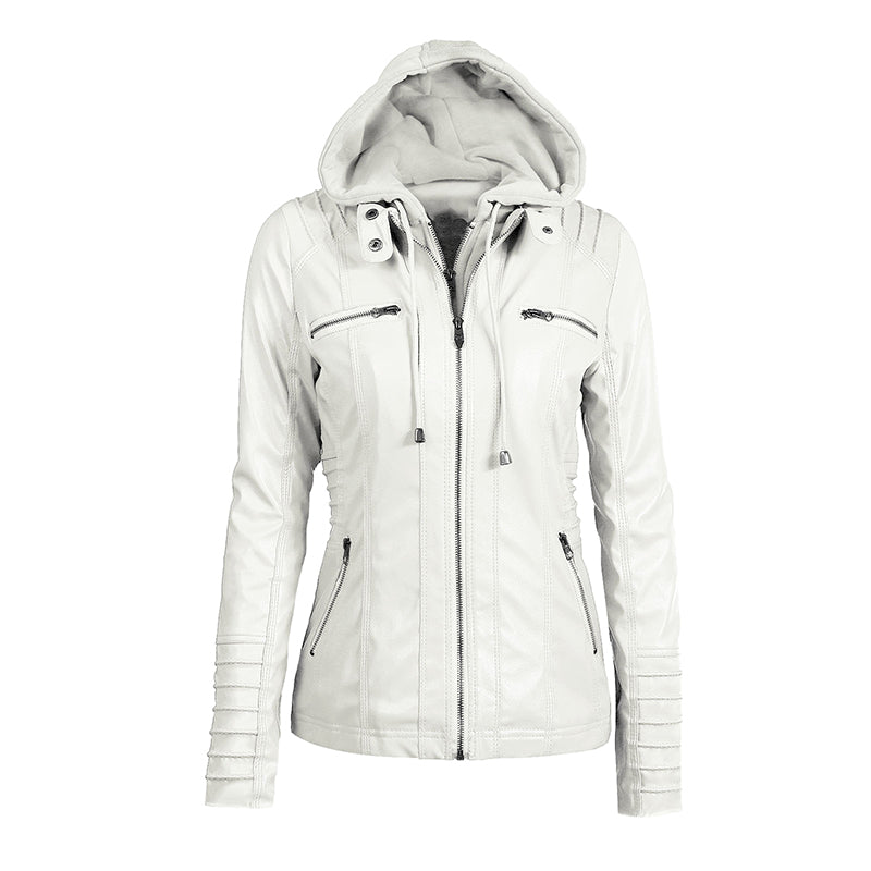 Hooded Faux Leather Moto Jacket for women, view 10