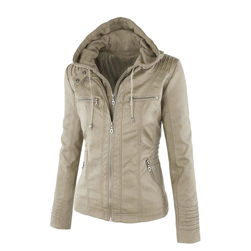 Hooded Faux Leather Moto Jacket for women, view 14