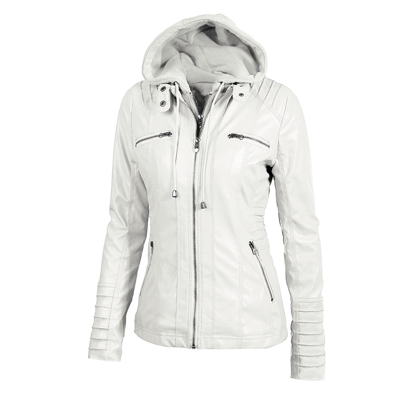 Hooded Faux Leather Moto Jacket for women, view 15