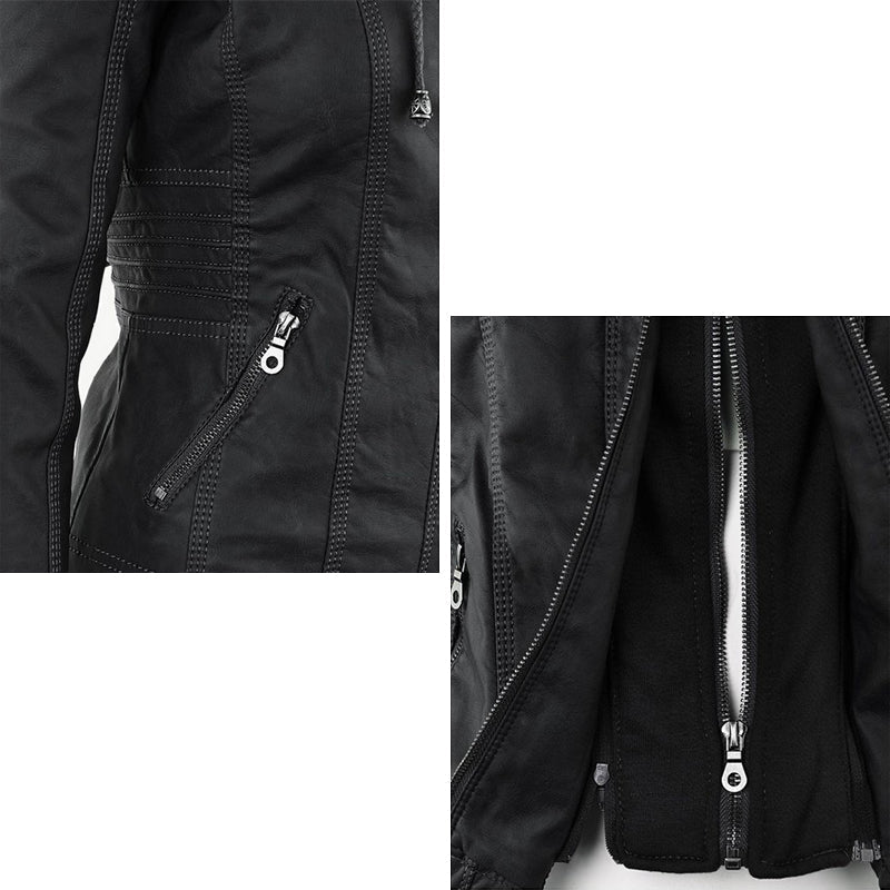 Hooded Faux Leather Moto Jacket for women, view 17
