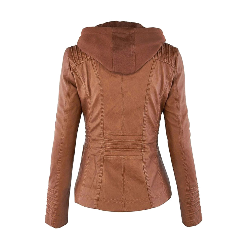 Hooded Faux Leather Moto Jacket for women, view 2
