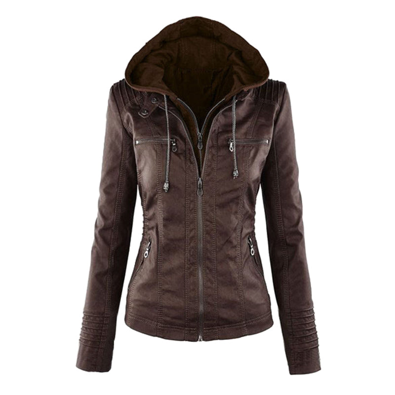 Hooded Faux Leather Moto Jacket for women, view 4