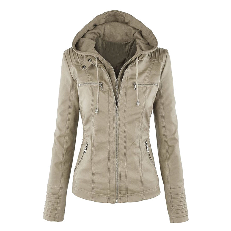 Hooded Faux Leather Moto Jacket for women, view 8