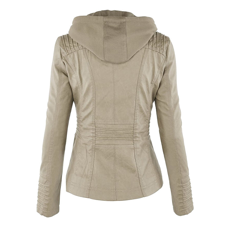 Hooded Faux Leather Moto Jacket for women, view 9