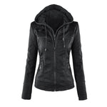 Hooded Faux Leather Moto Jacket for women, view 6