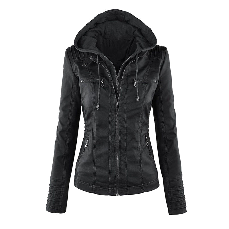 Hooded Faux Leather Moto Jacket for women, view 6