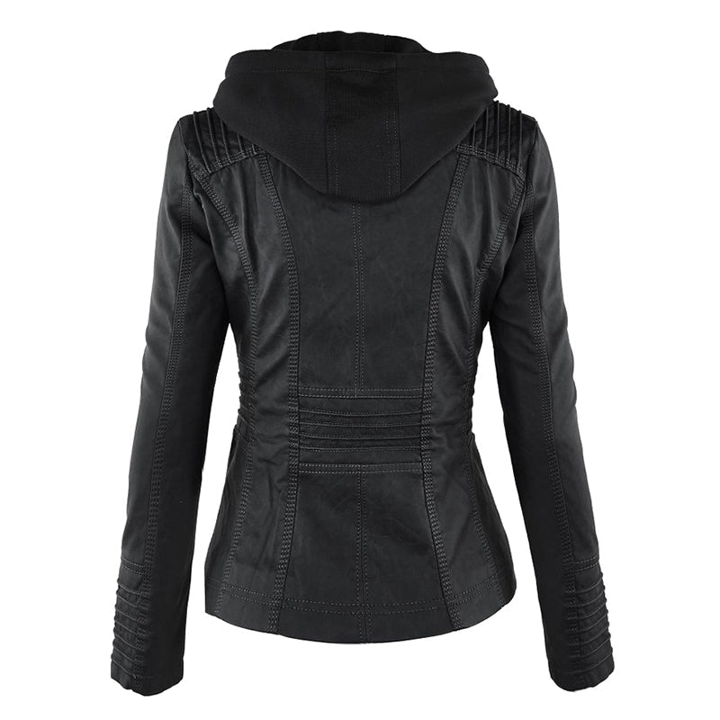 Hooded Faux Leather Moto Jacket for women, view 7