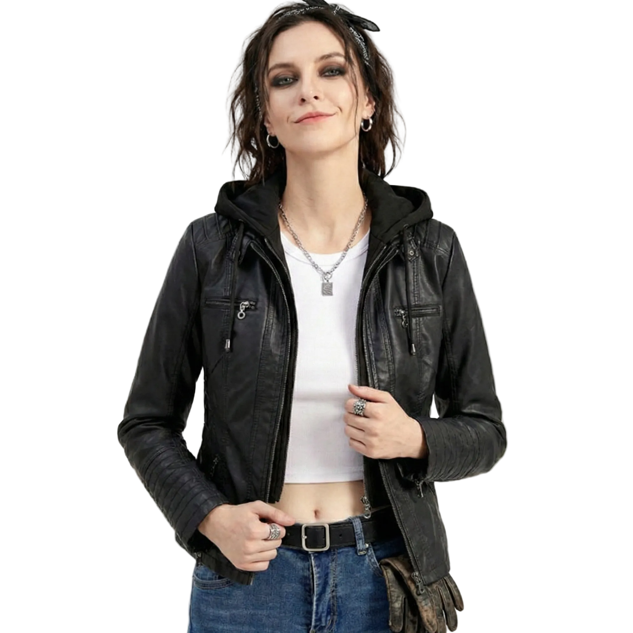 Faux Leather Jacket with Hood for women, view 2