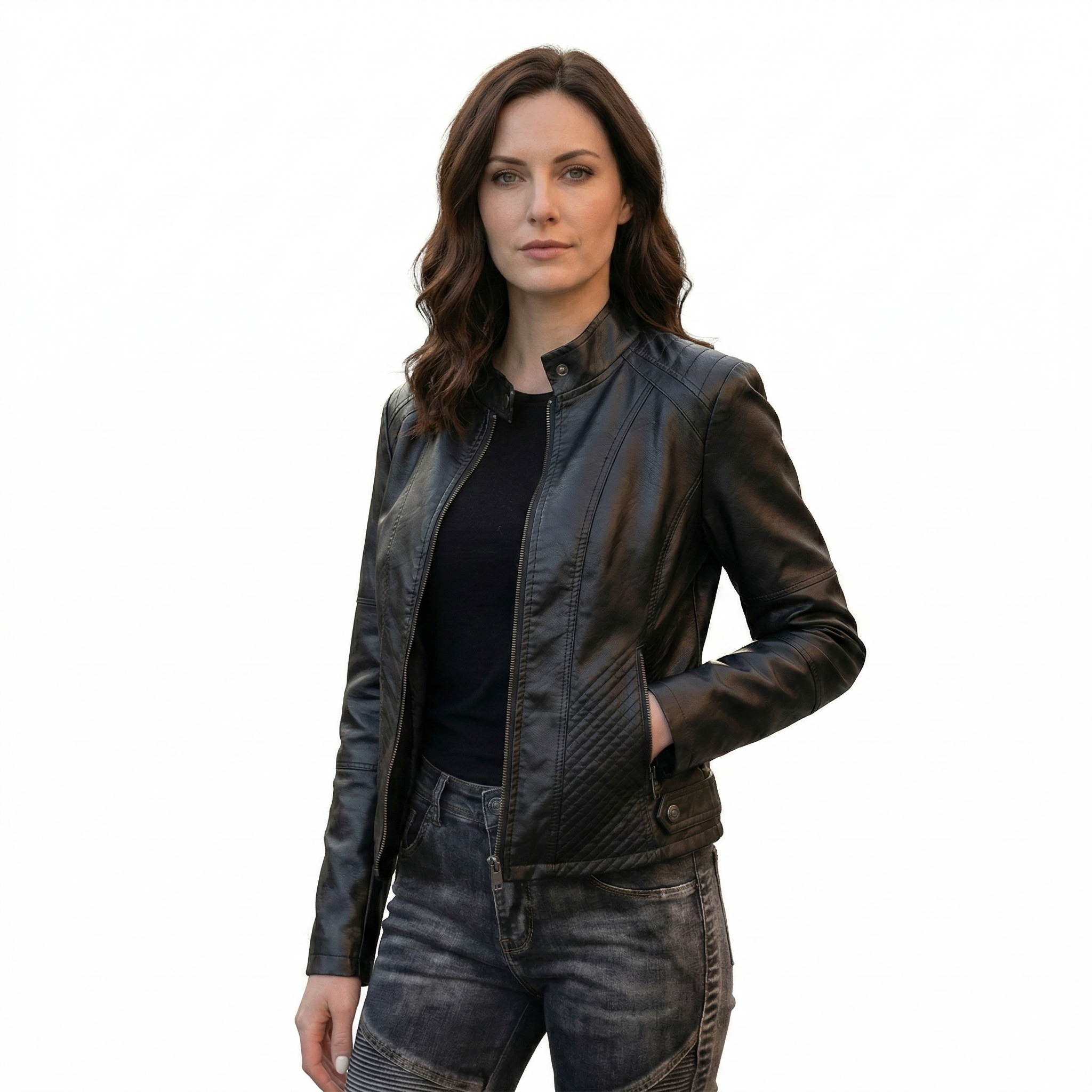 Slim Fit Vegan Leather Racer Jacket for women, view 2