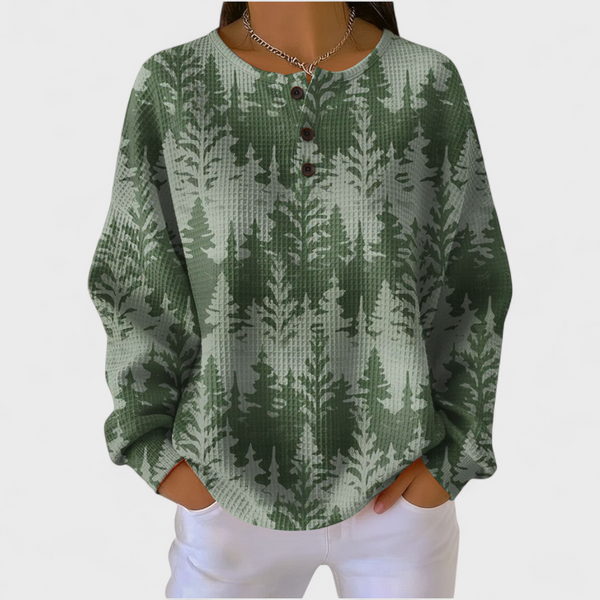 Women's green forest tree print waffle jumper with long sleeves and button neckline