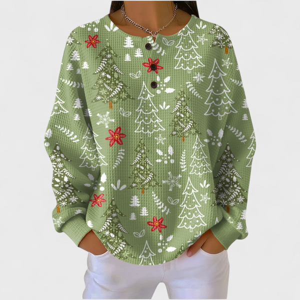 Women's soft green Christmas tree waffle jumper with snowflakes and red floral accents