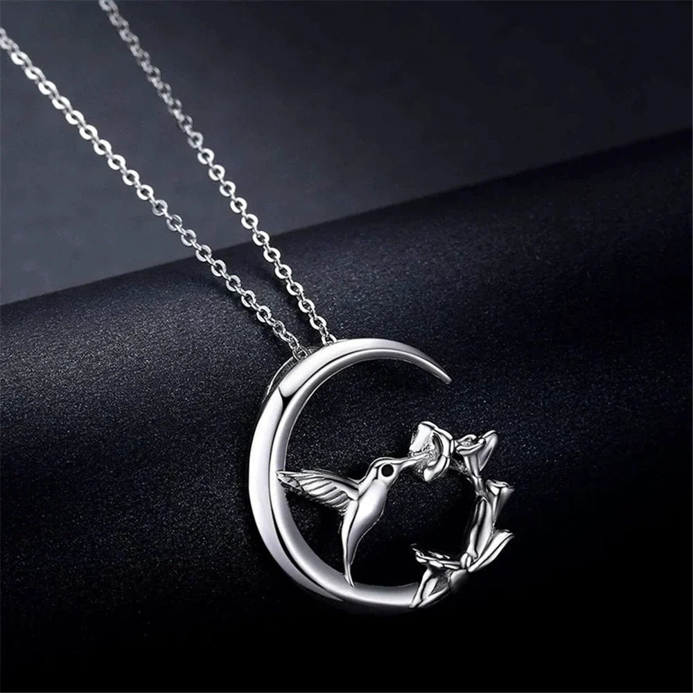 Moon & Bird Vintage Silver Pendant Necklace