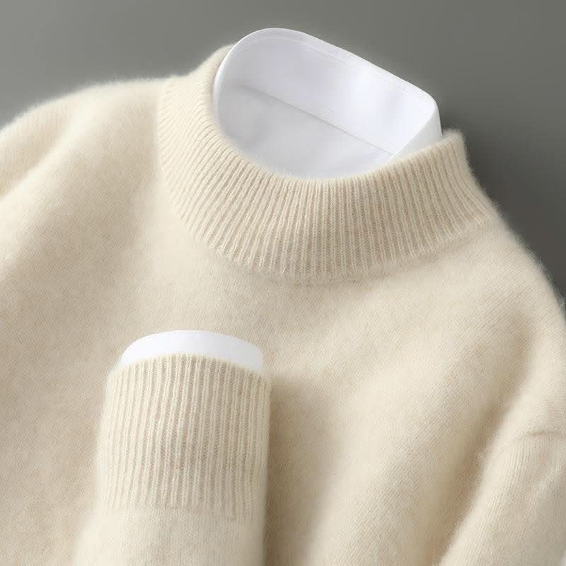 Unisex cashmere mock neck jumper in cream with ribbed trim detailing