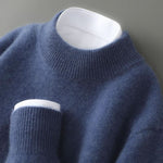 Unisex cashmere mock neck jumper in blue with ribbed trim detailing