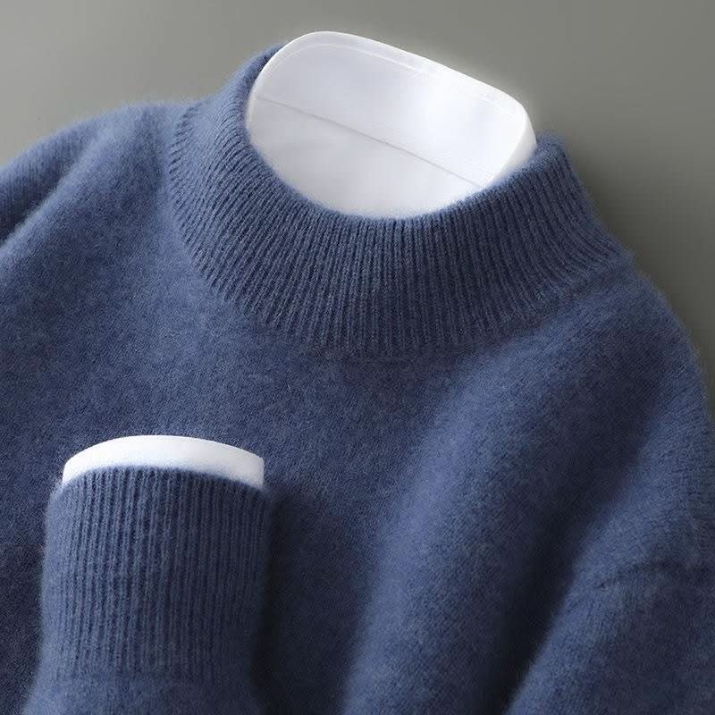 Unisex cashmere mock neck jumper in blue with ribbed trim detailing
