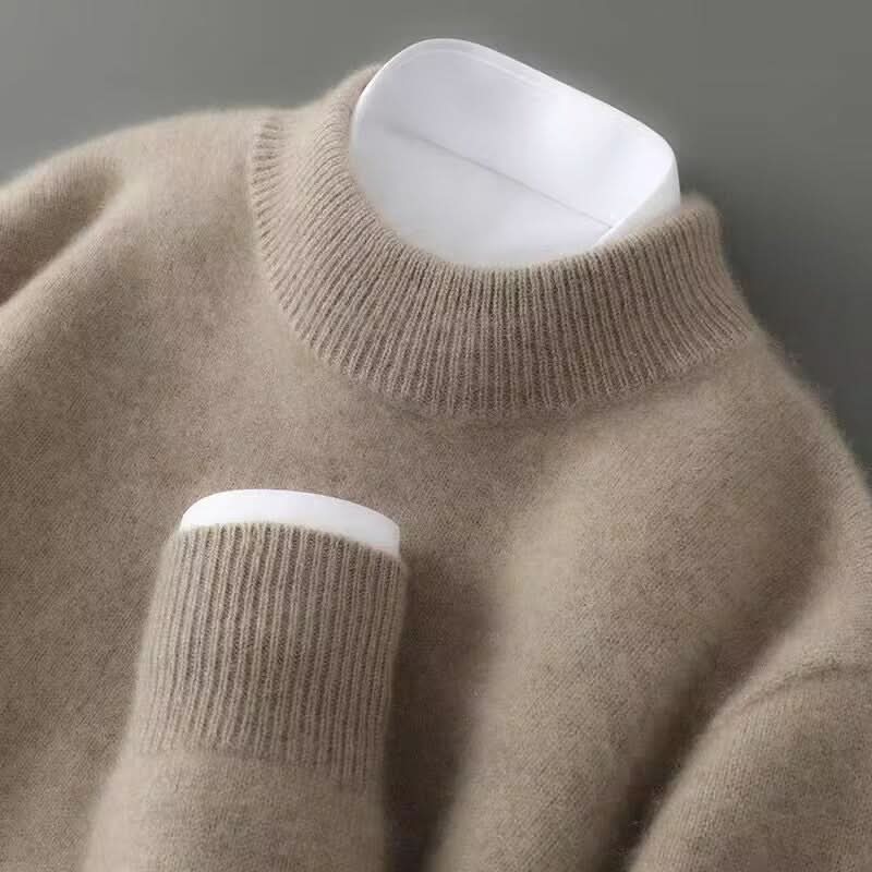 Unisex cashmere mock neck jumper in brown with ribbed trim detailing