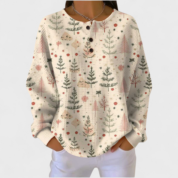 Women's ivory autumn tree print waffle jumper with green and red motifs