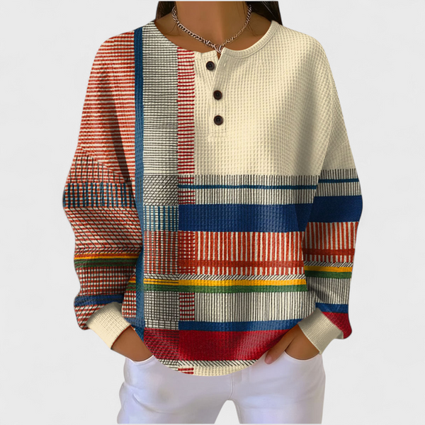 Women's multicolour geometric waffle jumper with cream base and button neckline