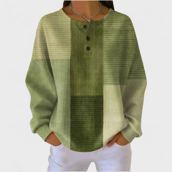 Women's tonal green waffle jumper with long sleeves and button neckline