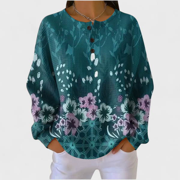 Nora - Petrol Coloured Sweater with Floral Design